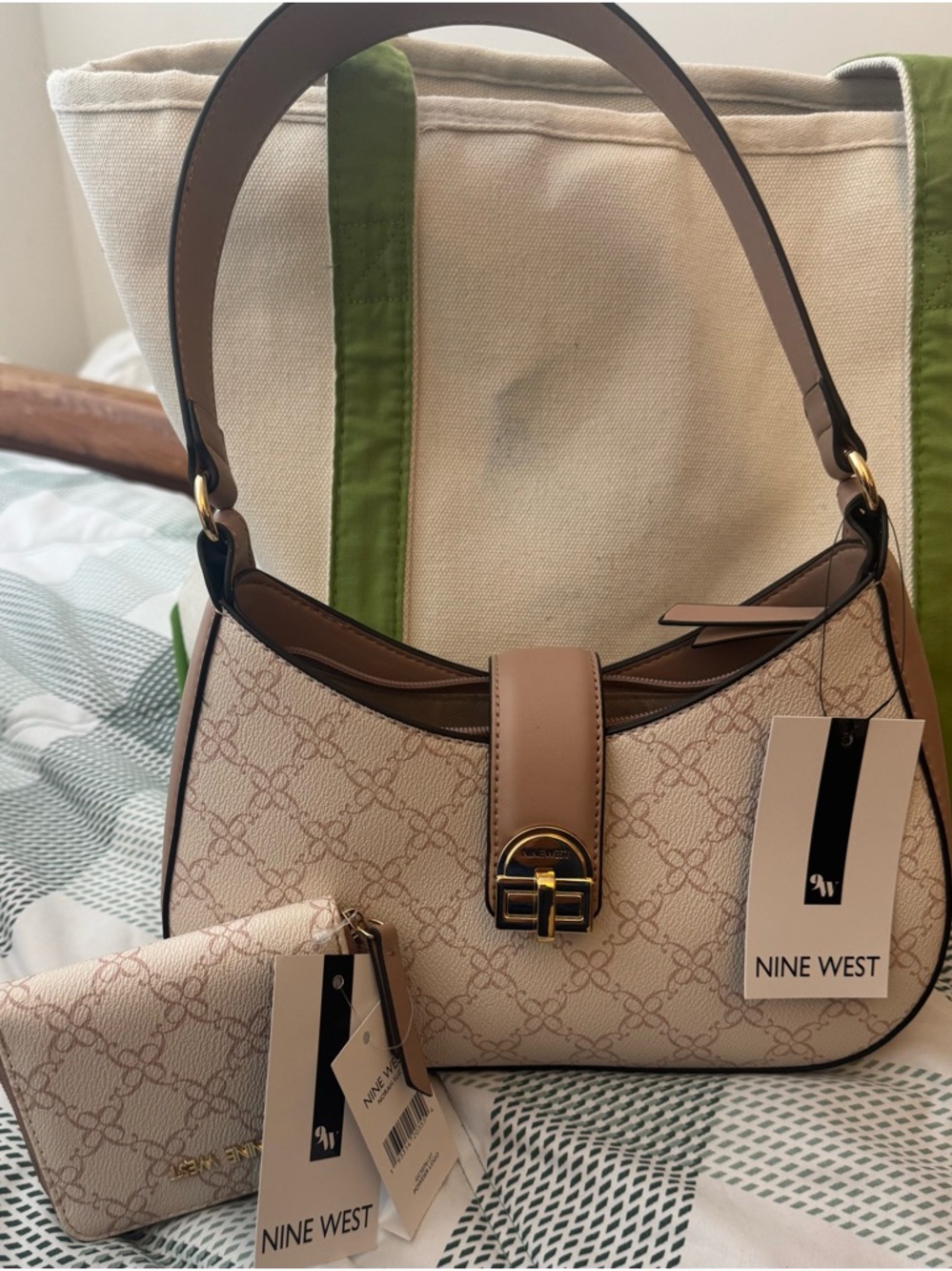 Nine West Beige and Tan Logo-Print Shoulder Bag with Wristlet